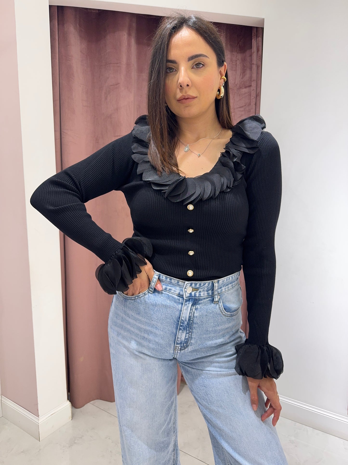 maglia a coste petali - nero