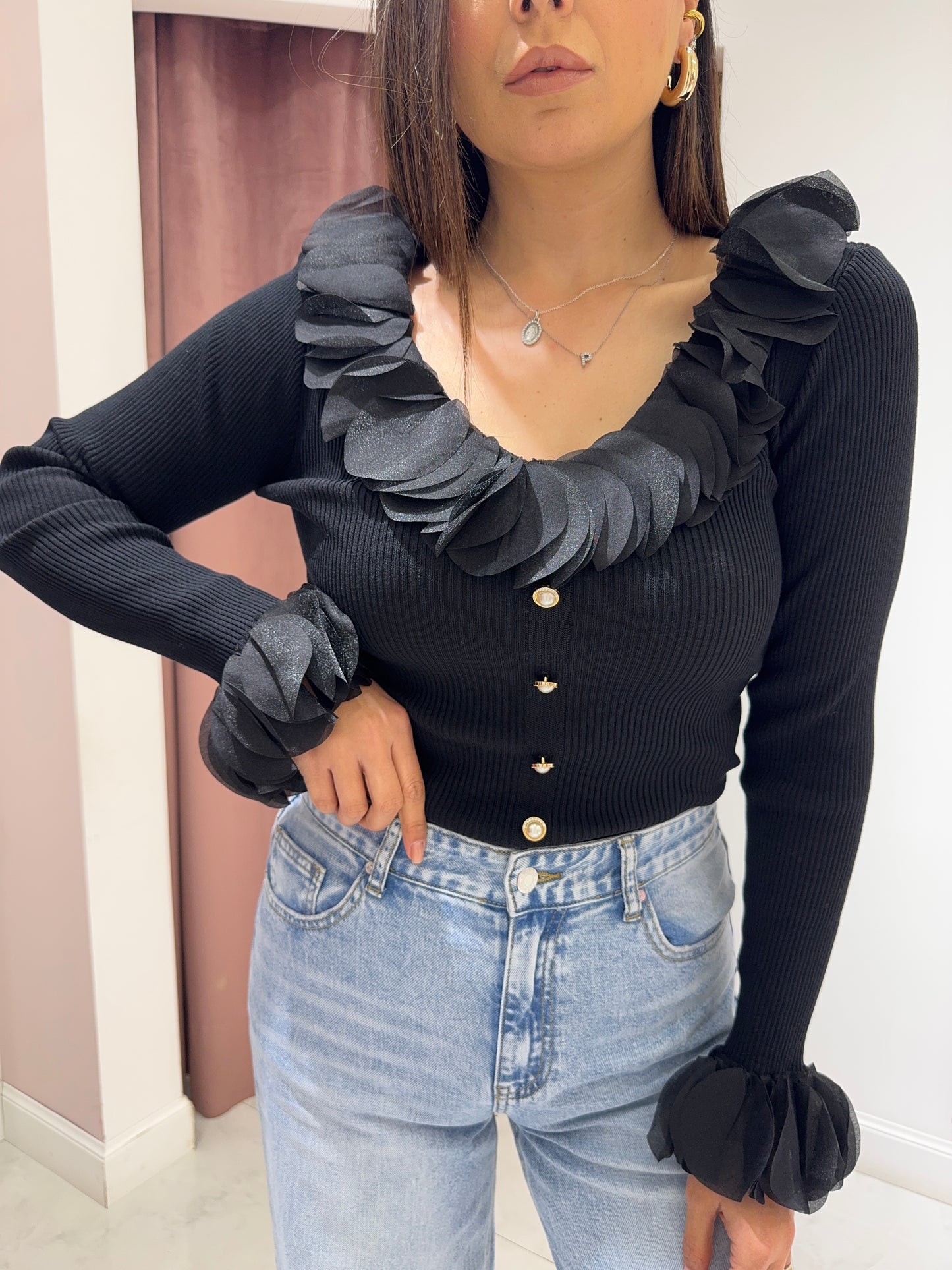 maglia a coste petali - nero