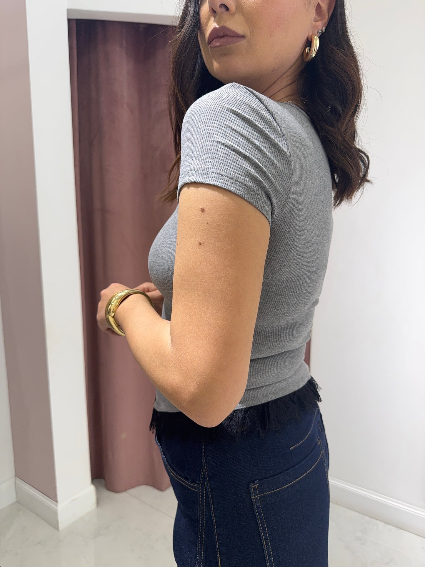 Maglia a coste in pizzo - grigio