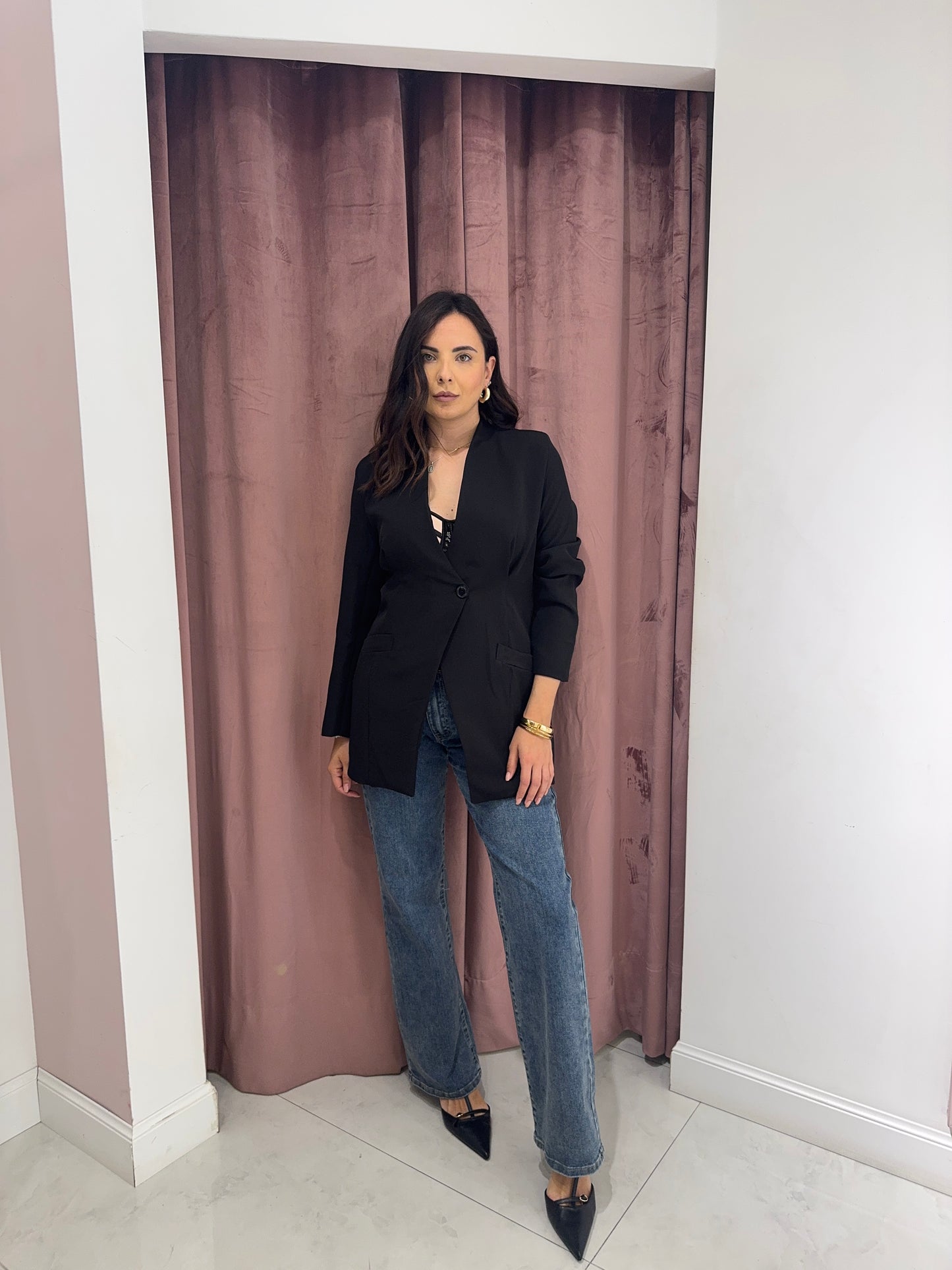 jeans palazzo con chiusura trasversale - sabbiato