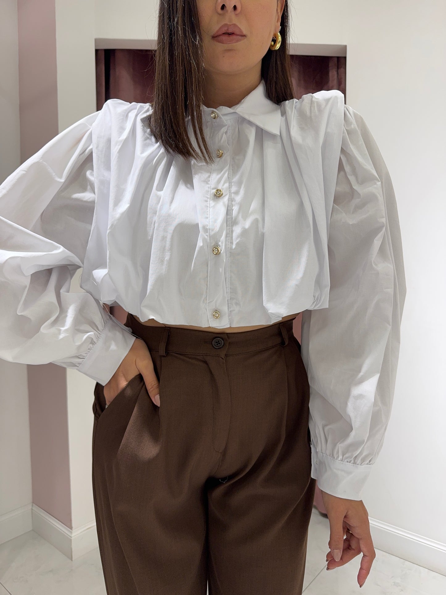 Camicia crop con drappeggi - Bianco