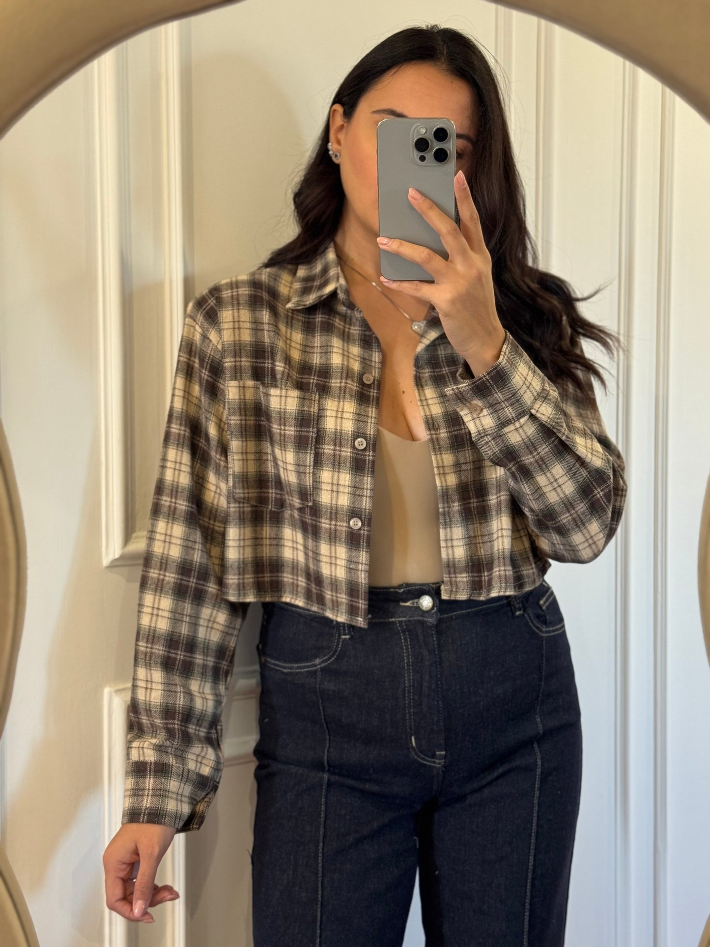 Camicia crop con spalline strutturate - fantasia check