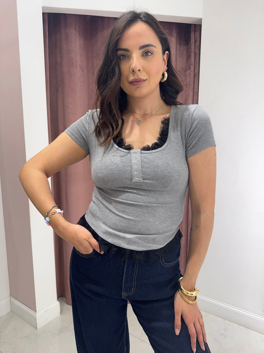 Maglia a coste in  pizzo - grigio