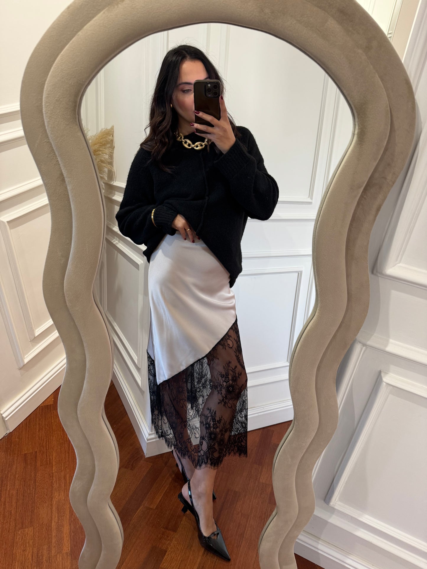 Gonna satin asimetrica con pizzo - champagne