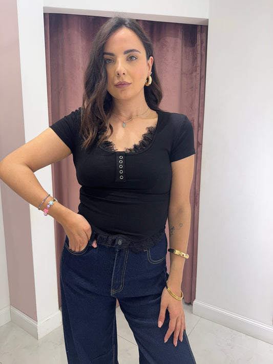 Maglia a coste in  pizzo - Nero