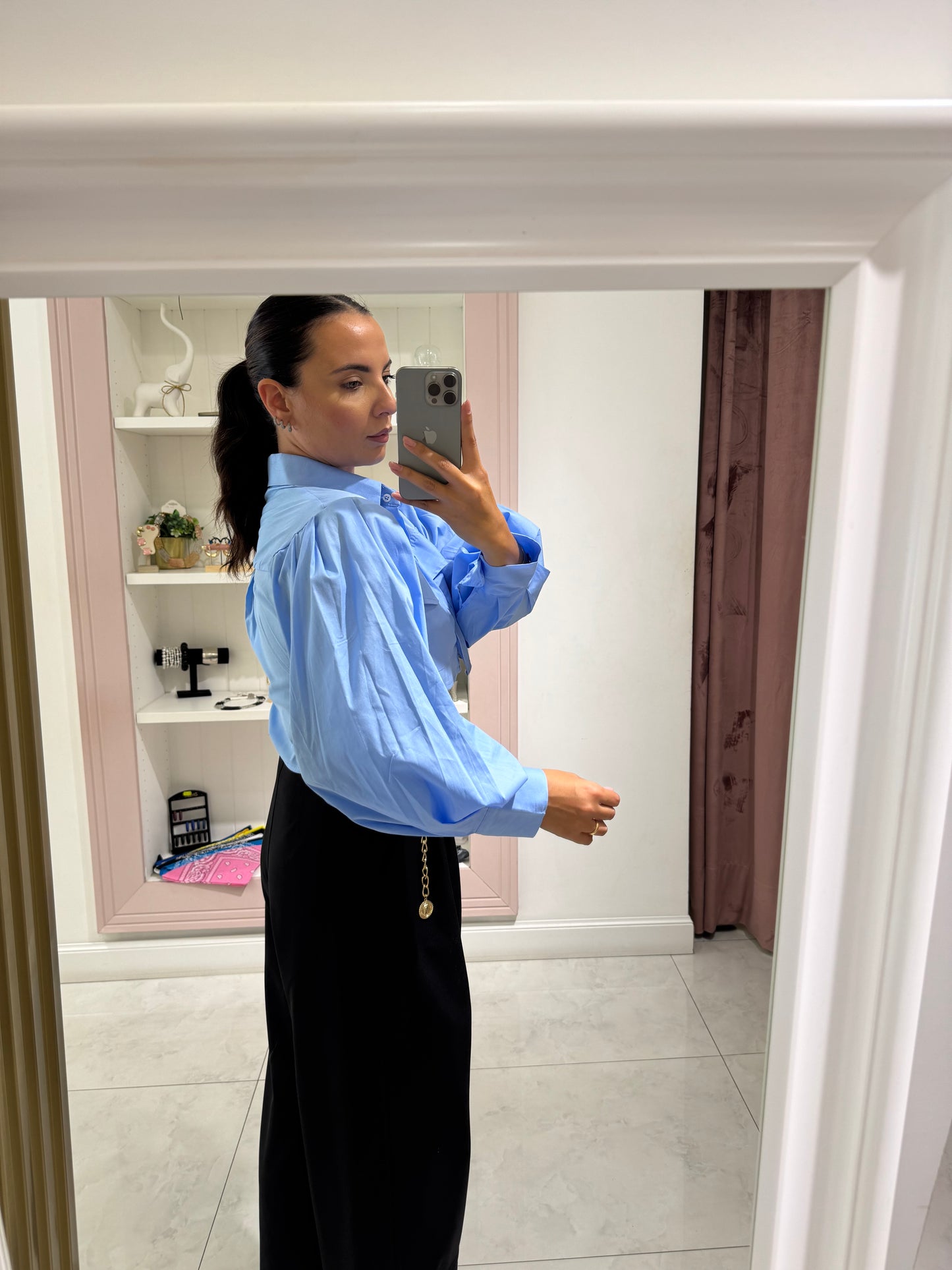 Camicia crop con maniche a sbuffo - azzurro