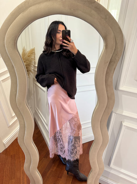 Gonna satin asimetrica con pizzo - rosa