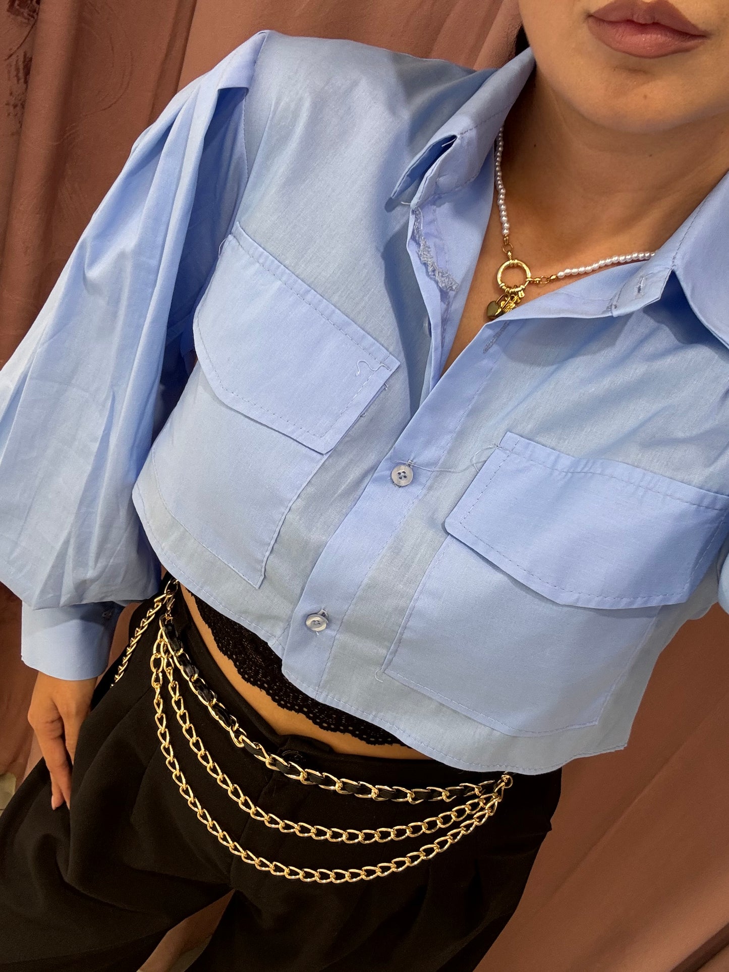 Camicia crop con maniche a sbuffo - azzurro