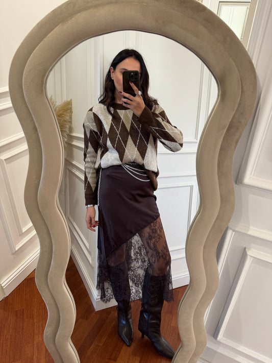 Gonna satin asimetrica con pizzo - marrone