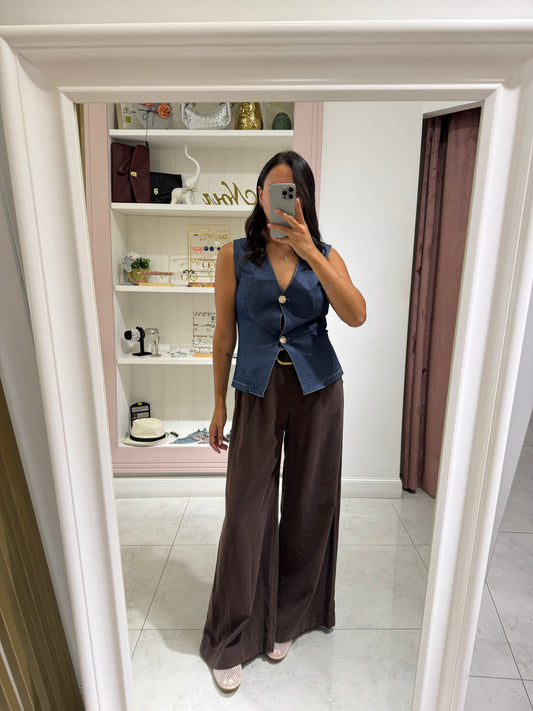 Pantalone palazzo effetto camoscio - marrone