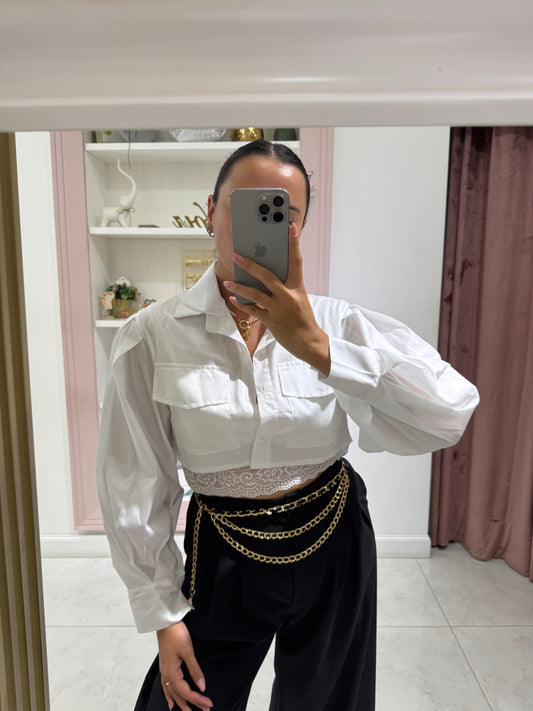 Camicia crop con maniche a sbuffo - bianco