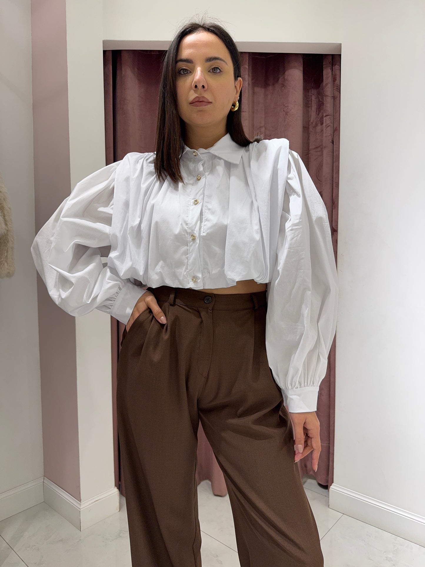 Camicia crop con drappeggi - Bianco